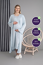 Mavi Volan Kollu Sabahlıklı Kruvaze Pijama Takımı