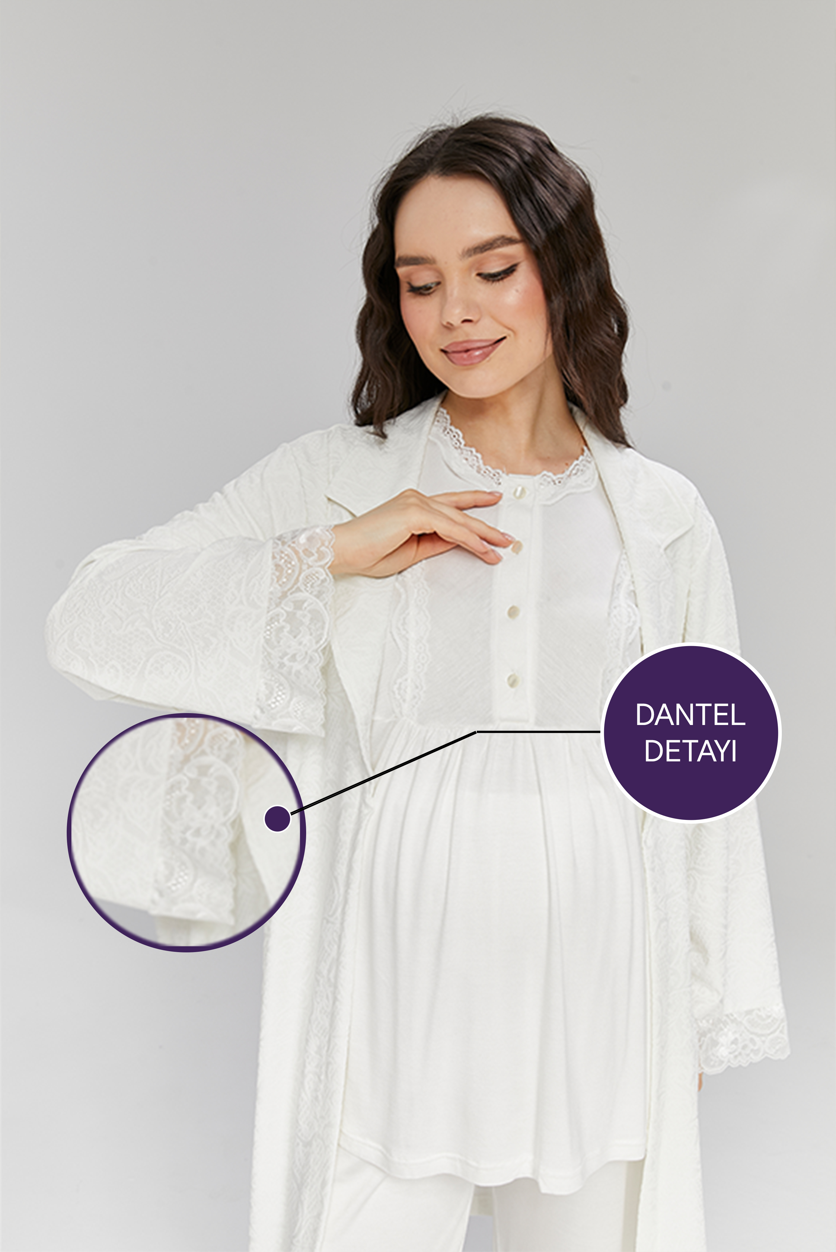 Beyaz Jakar Sabahlıklı Lohusa Pijama Takımı