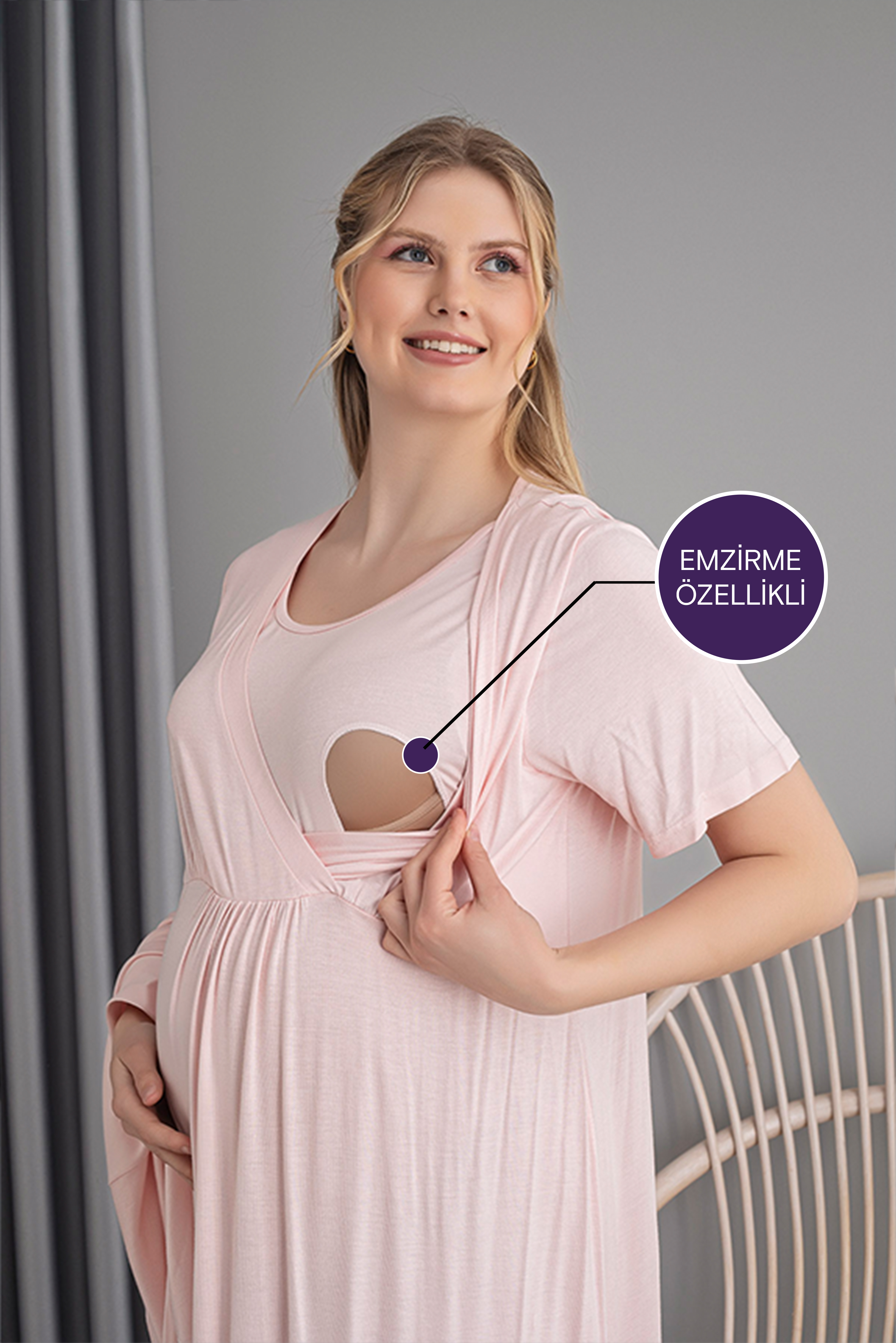 Emzirme Özellikli Volan Kollu Sabahlıklı Kruvaze Pijama Takımı